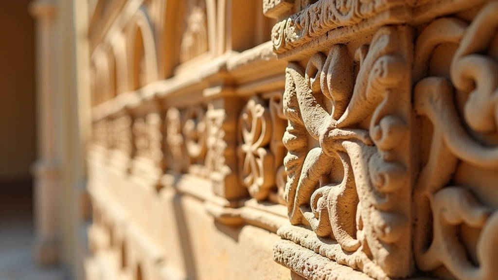 Adornos arquitectónicos con motivos florales y geométricos en piedra colonial, detalles tallados en fachada