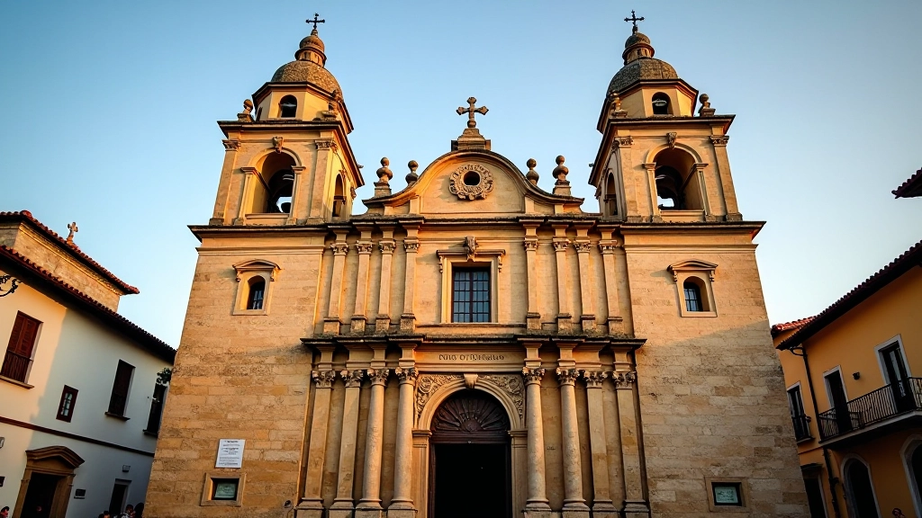 Fachada principal de iglesia colonial con torres campanario, decoraciones de piedra tallada