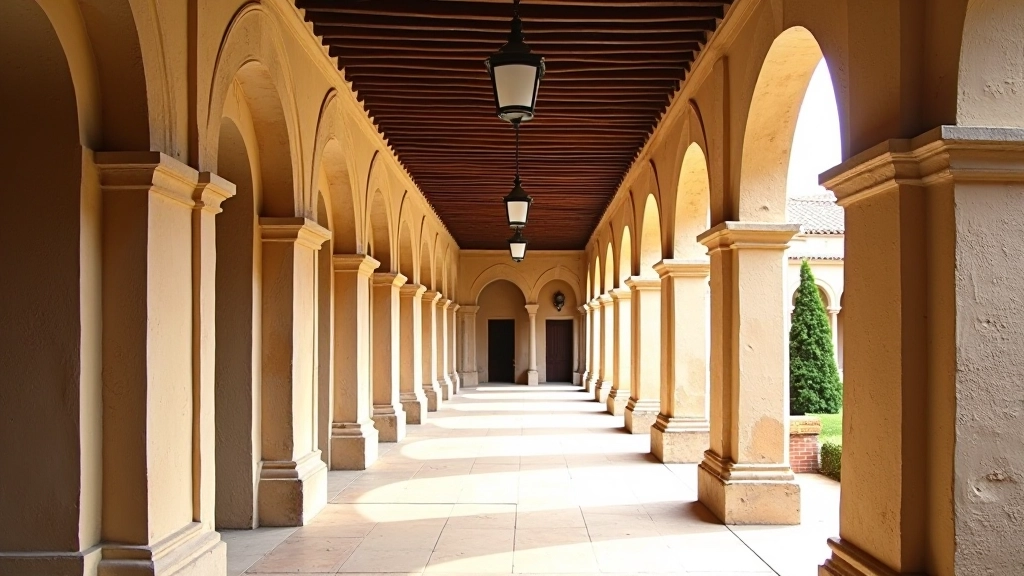 Detalle de claustro colonial con arcadas y esculturas restauradas, arquitectura histórica