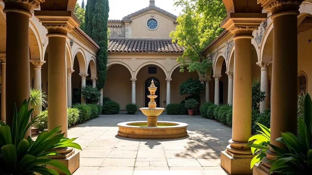 Patio interior con claustro rodeado de columnas y vegetación verde, fuente de agua al centro