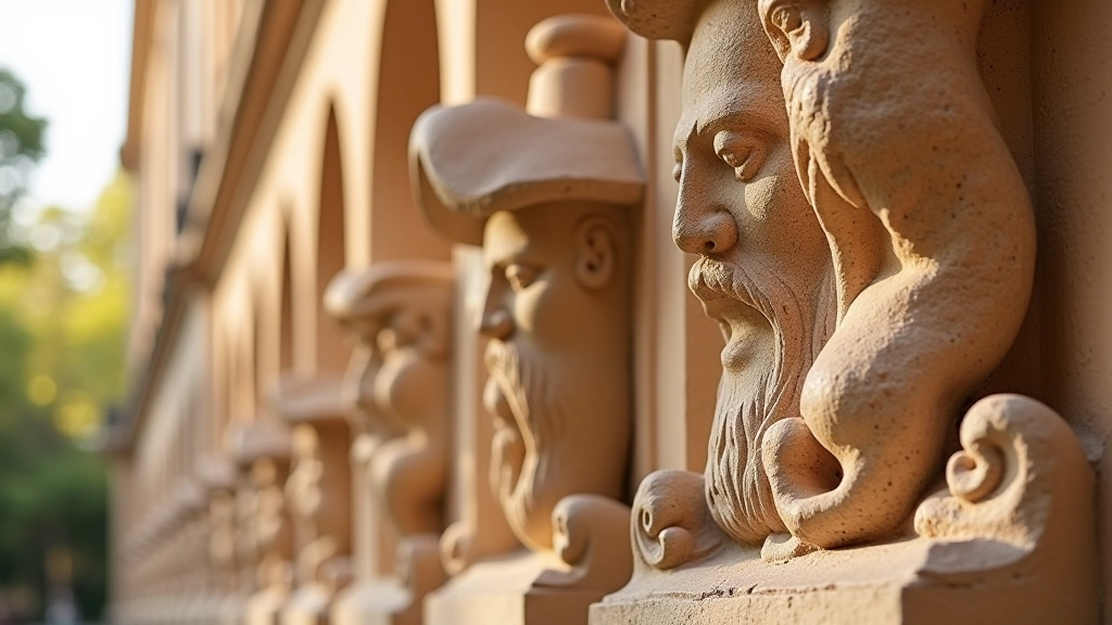 Detalle de escultura religiosa y adornos arquitectónicos coloniales en piedra, ornamentación histórica