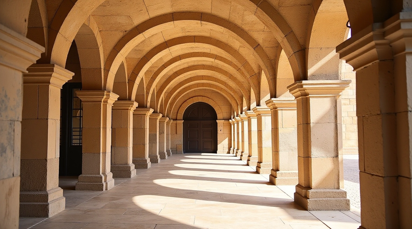 Fachada de piedra del Colegio Máximo con columnas y arcos coloniales, luz matutina
