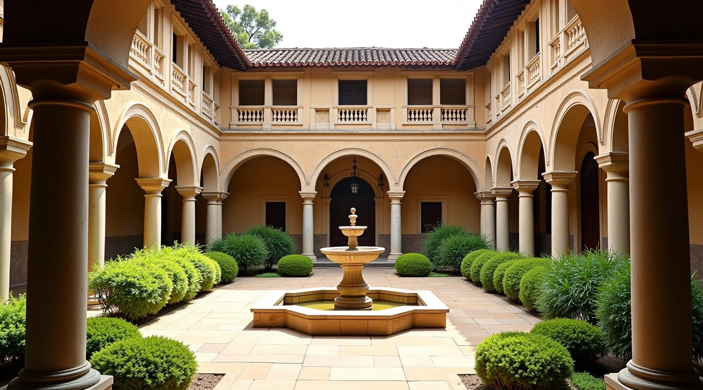 Claustro colonial con columnas de piedra y vegetación verde, luz natural matutina