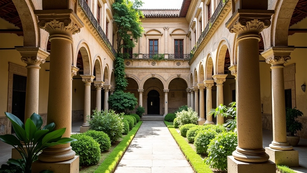 Claustro con columnas de piedra tallada, patio central con vegetación verde, arquitectura renacentista colonial