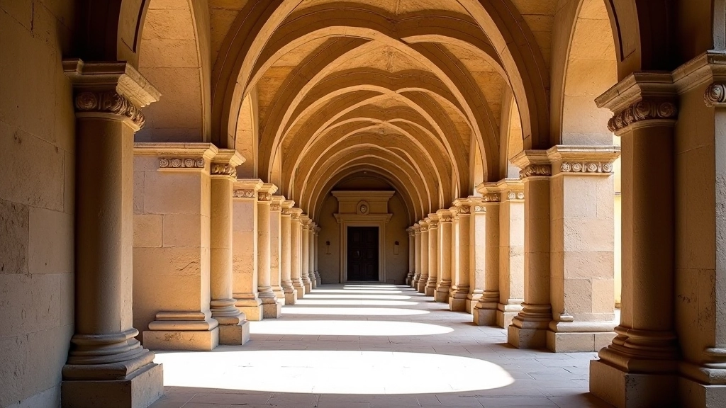 Corredor colonial con bóveda de arcos de piedra, ventanas arqueadas con rejas de hierro forjado, luz natural filtrándose suavemente