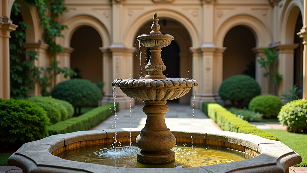 Fuente de agua en patio colonial, escultura de piedra, agua fluyendo, plantas verdes alrededor, luz natural