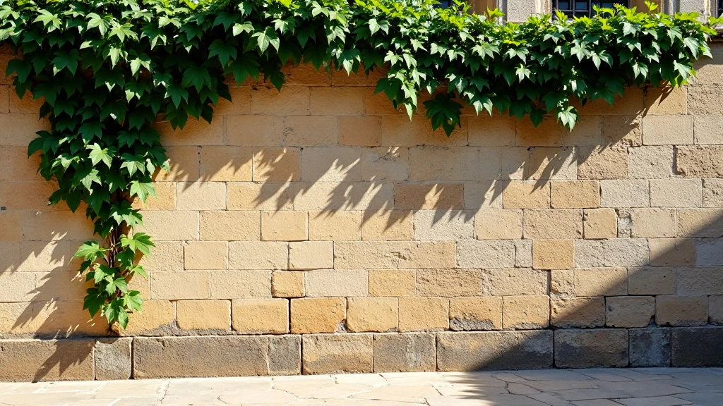 Detalle de pared de piedra colonial con musgo y hiedra, textura envejecida, grietas finas, luz natural lateral