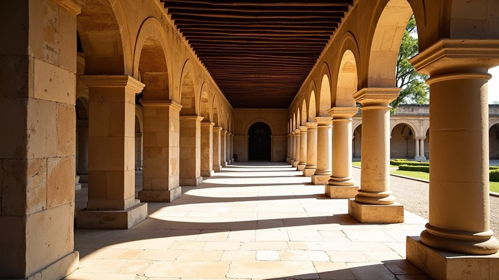 Galería cubierta con arcos, columnas de piedra, luz y sombra creando patrones