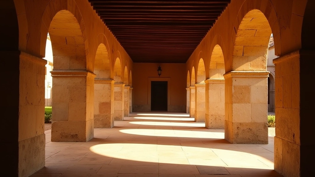 Claustro vacío con luz matutina, arquitectura colonial, arcos de piedra, atmósfera tranquila