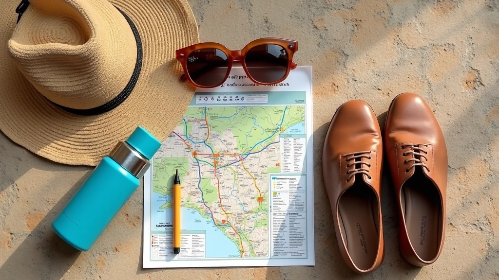 Accesorios de paseo: botella de agua, gorro, mapa, anteojos, sobre mesa de piedra