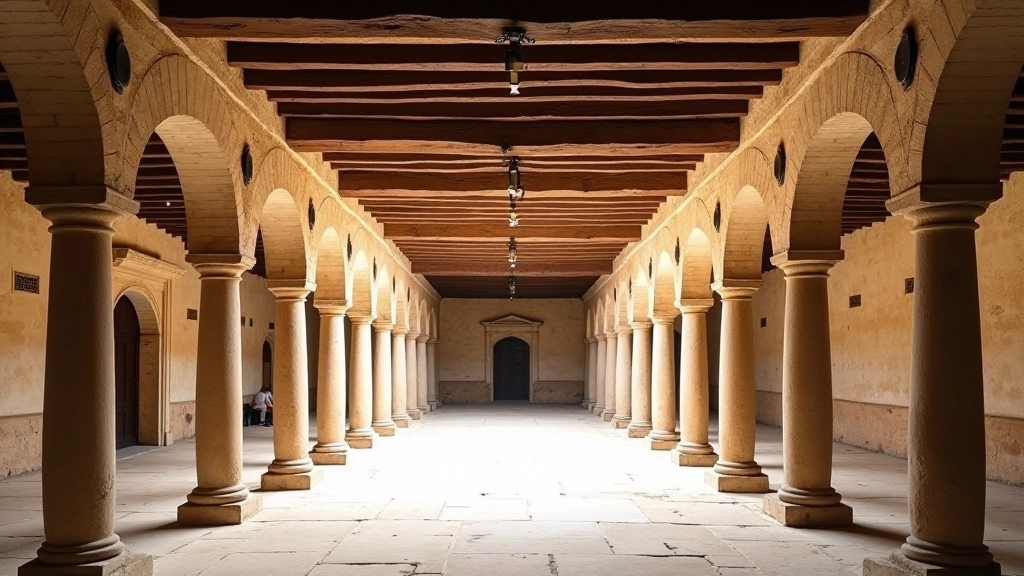 Claustro universitario histórico con columnas de piedra