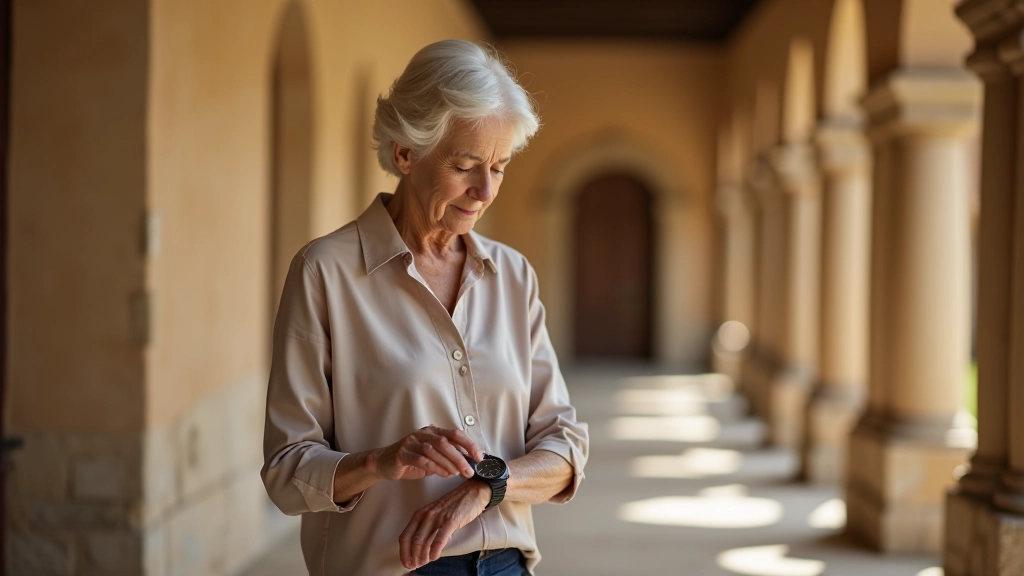 Persona consultando reloj de pulsera en claustro histórico, luz natural, arquitectura colonial de fondo