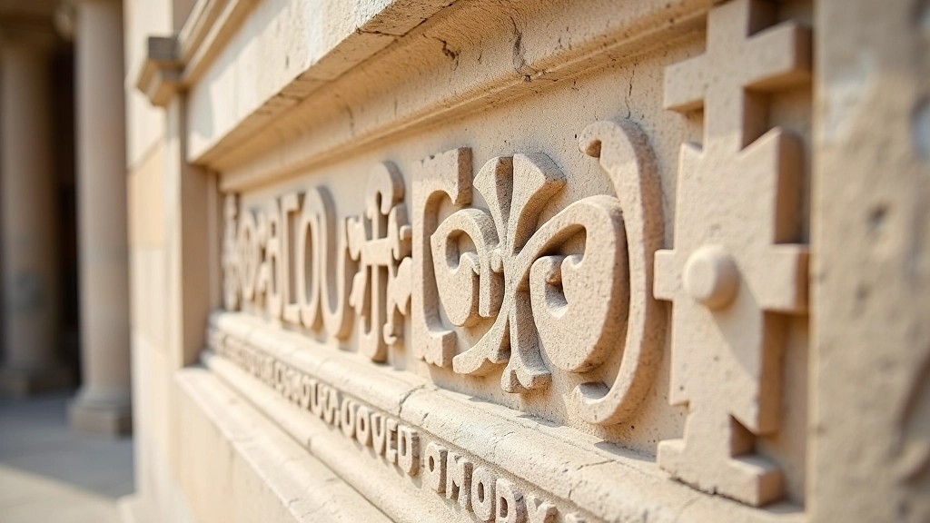Símbolo religioso grabado en piedra colonial, detalle de escultura con inscripciones latinas