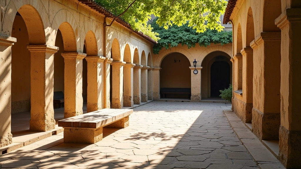 Banco de madera en claustro colonial con arcos de piedra, luz filtrada, arquitectura histórica